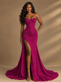 Beaded Sequin Prom Dress Strapless Formal Gowns with High Slit Train