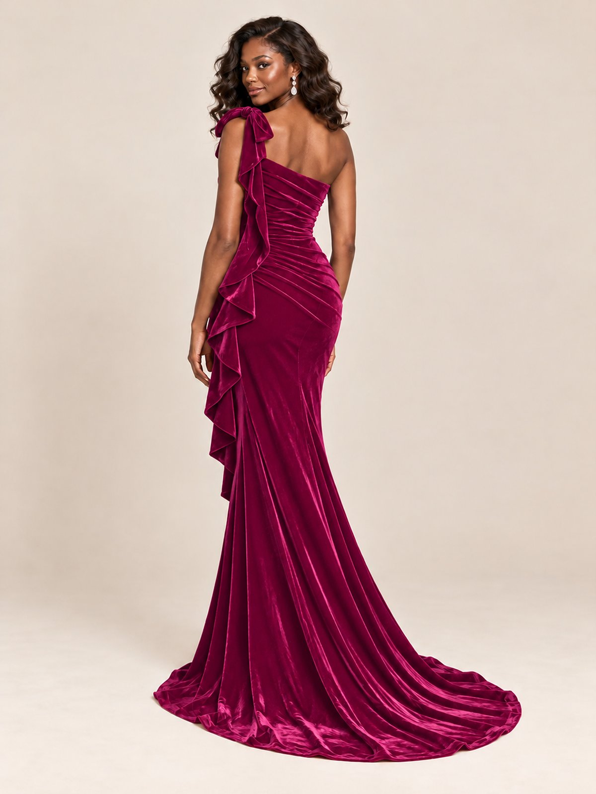 Black Velvet One-Shoulder Mermaid Evening Gown with Bow & Ruffles
