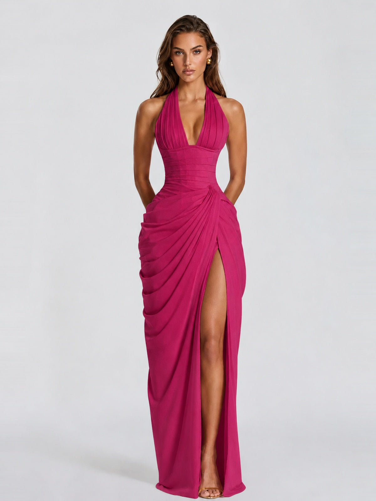 Ruched Halter Neck High-Slit Prom & Evening Dress