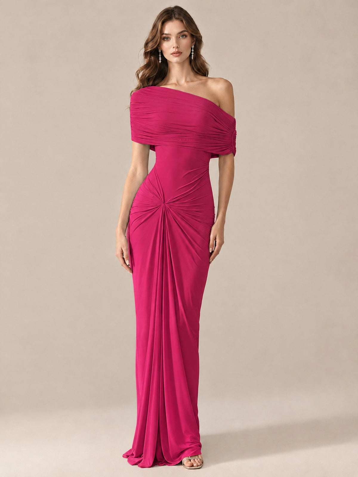 Elegant Draped Off Shoulder Ruched Mermaid Chiffon Formal Evening Gown
