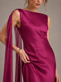 Burgundy Satin Mermaid Cape Maxi Dress