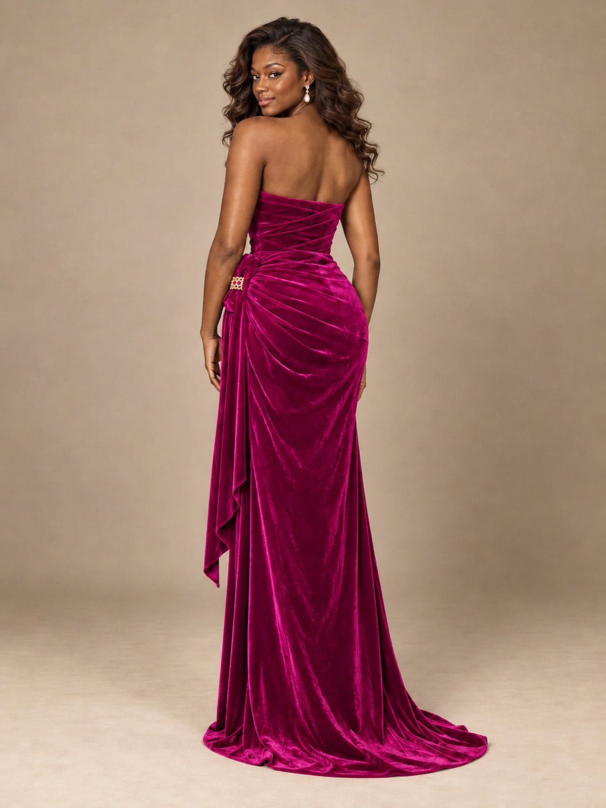 Burgundy Velvet Strapless Ruched Prom Dress with Jeweled Side Drape