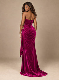 Burgundy Velvet Strapless Ruched Prom Dress with Jeweled Side Drape