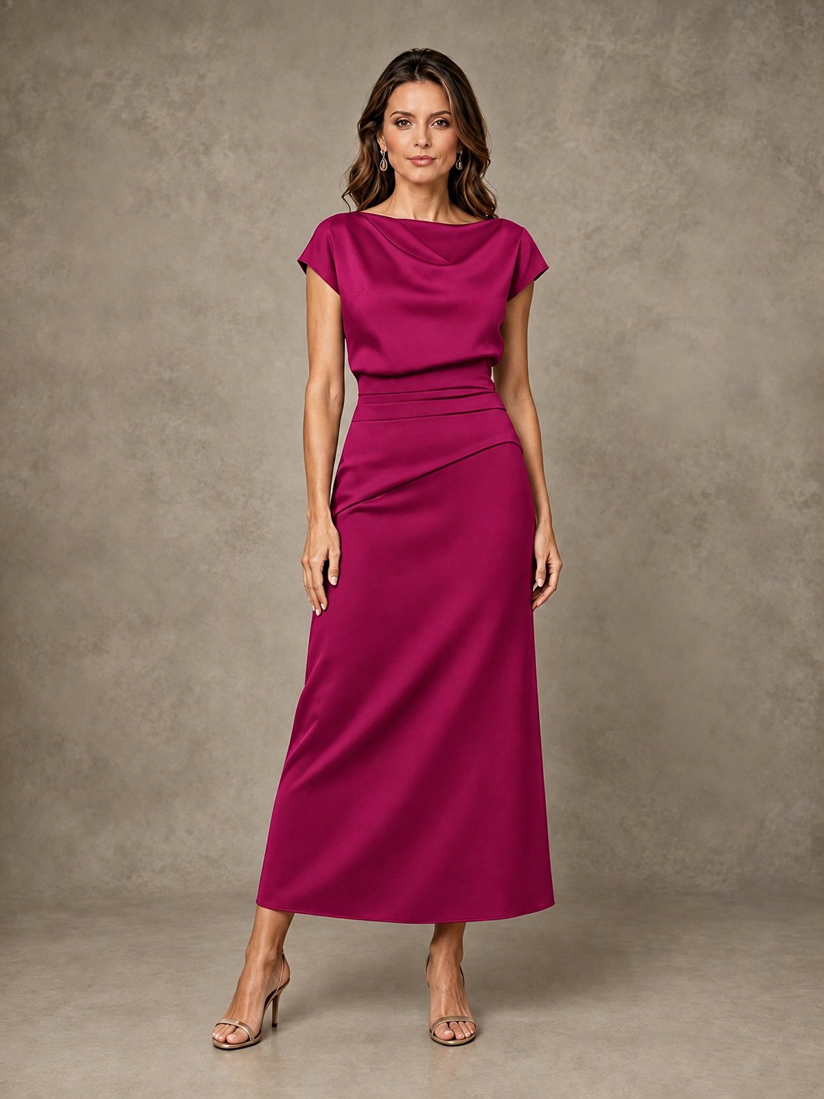 Cowl Neck Satin Mother of the Bride Dress with Ruched Waist