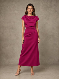 Cowl Neck Satin Mother of the Bride Dress with Ruched Waist