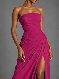 Strapless Bodycon Pleated Chiffon Formal Dress with Slit