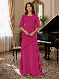 Asymmetric Draped Chiffon Mother of the Bride Dress with Flutter Sleeves