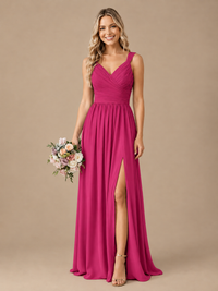 Pleated Chiffon V Neck Wedding Bridesmaid Dresses Floor Length with Slit