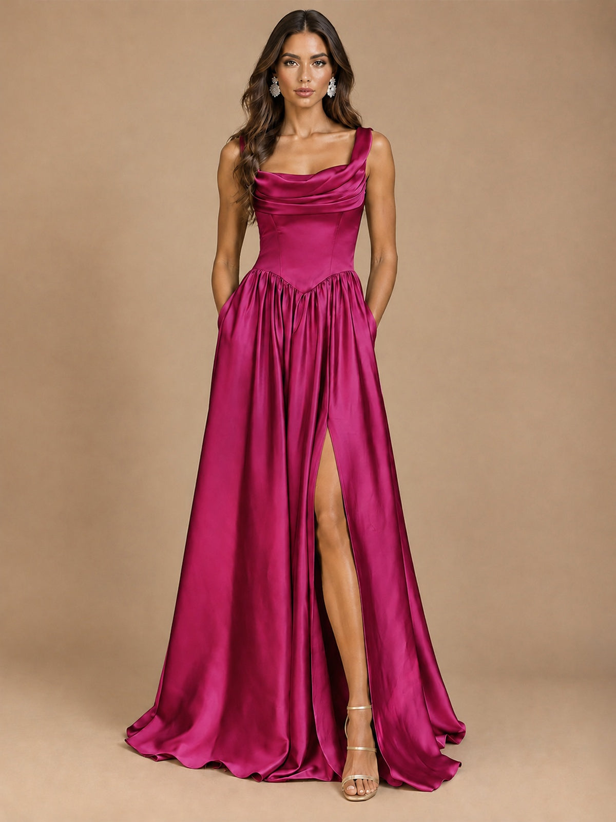 Cowl Neck Pleated Satin Prom Dress with Pockets & Slit Maxi Formal Gowns