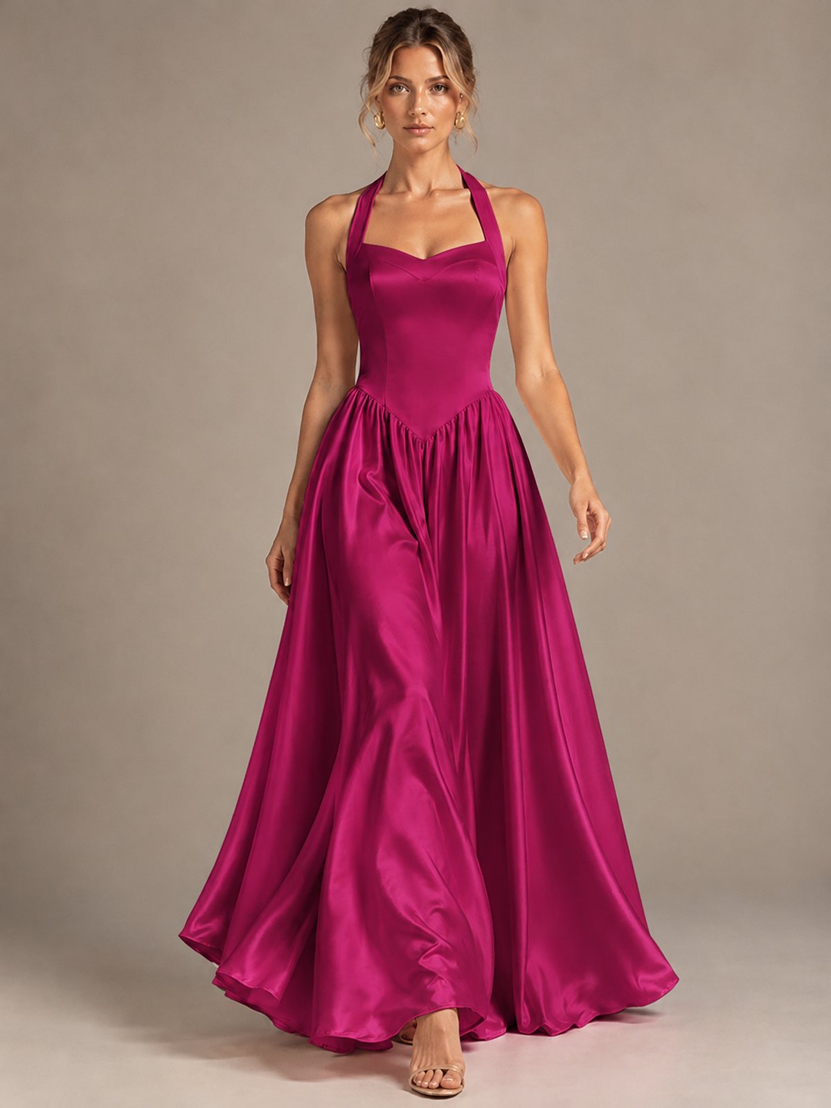 Light Yellow Halter Neck Satin A-Line Maxi Dress with Pockets