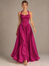 Light Yellow Halter Neck Satin A-Line Maxi Dress with Pockets