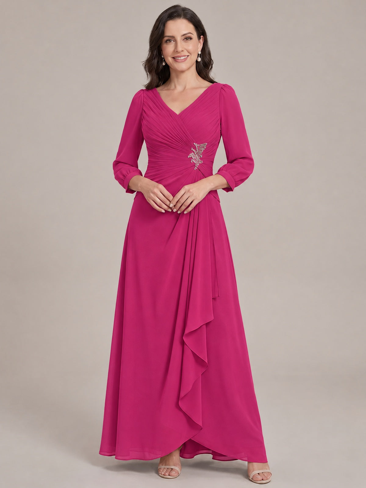 Fuchsia-Long Sleeve Chiffon Beaded Mother of The Bride Dresses for Women
