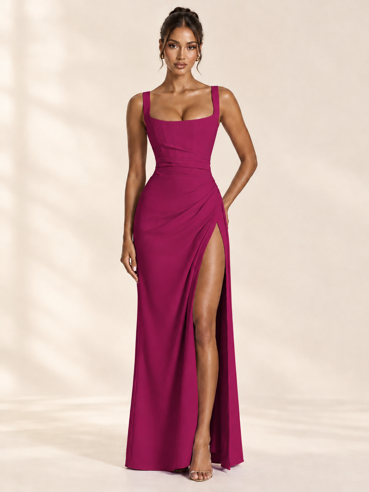 Square Neck Satin Sleeveless Ruched Prom Dress with High Slit