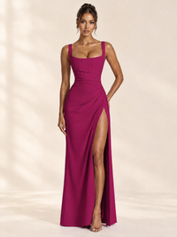 Square Neck Satin Sleeveless Ruched Prom Dress with High Slit