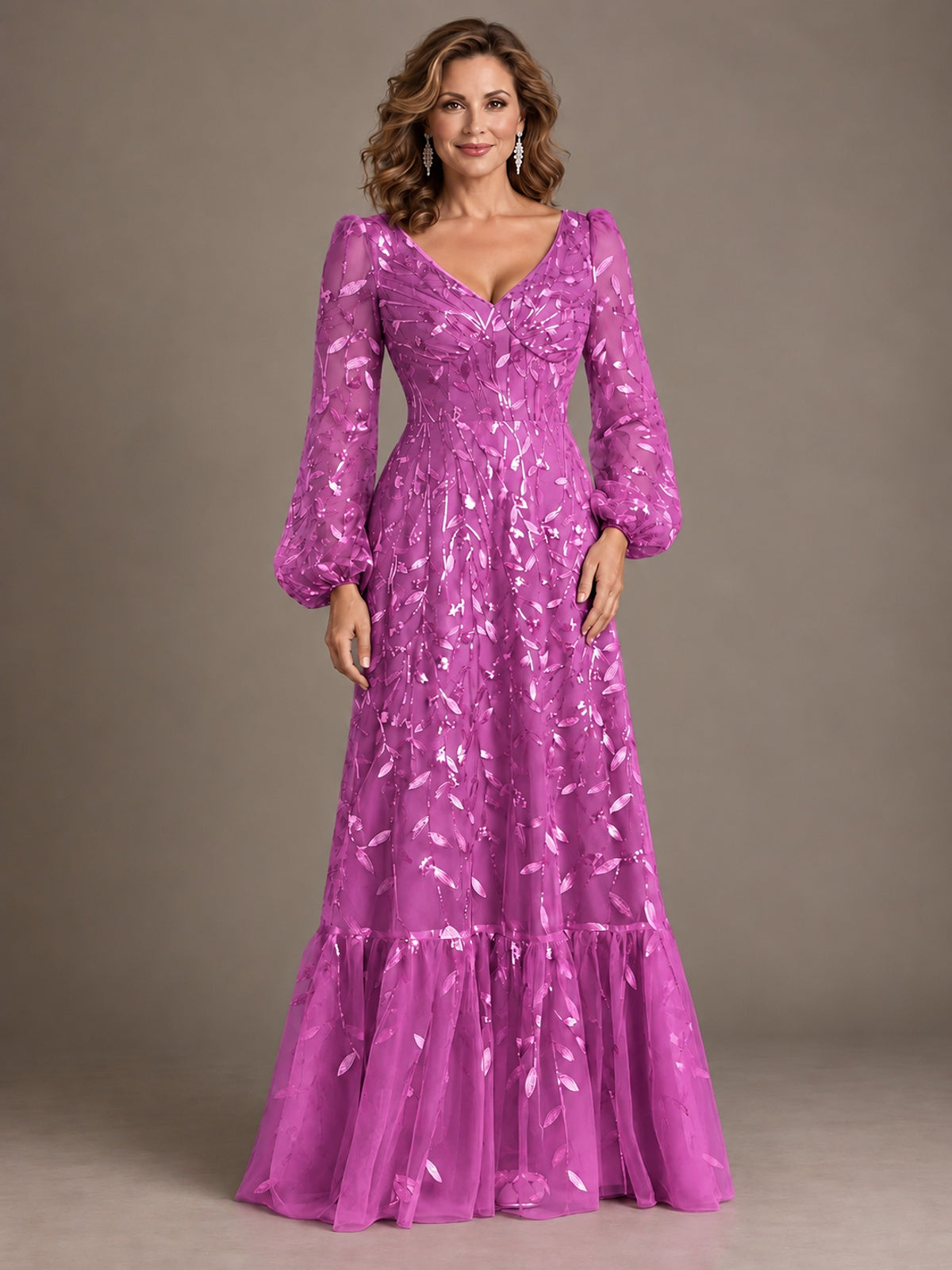 Floral Sequin Embroidered A-Line Mother of the Bride Dress with Long Sleeves