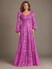 Floral Sequin Embroidered A-Line Mother of the Bride Dress with Long Sleeves