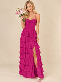 Ruffled Tiered Chiffon Prom Dress Spaghetti Straps Formal Maxi Dress with Slit