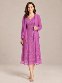 Fuchsia-2 Piece Lace Appliques Chiffon Mother of The Bride Dress with Sequin
