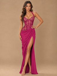 Sweetheart Halter Prom Dress Pleated Lace Floral Formal Dress with Slit