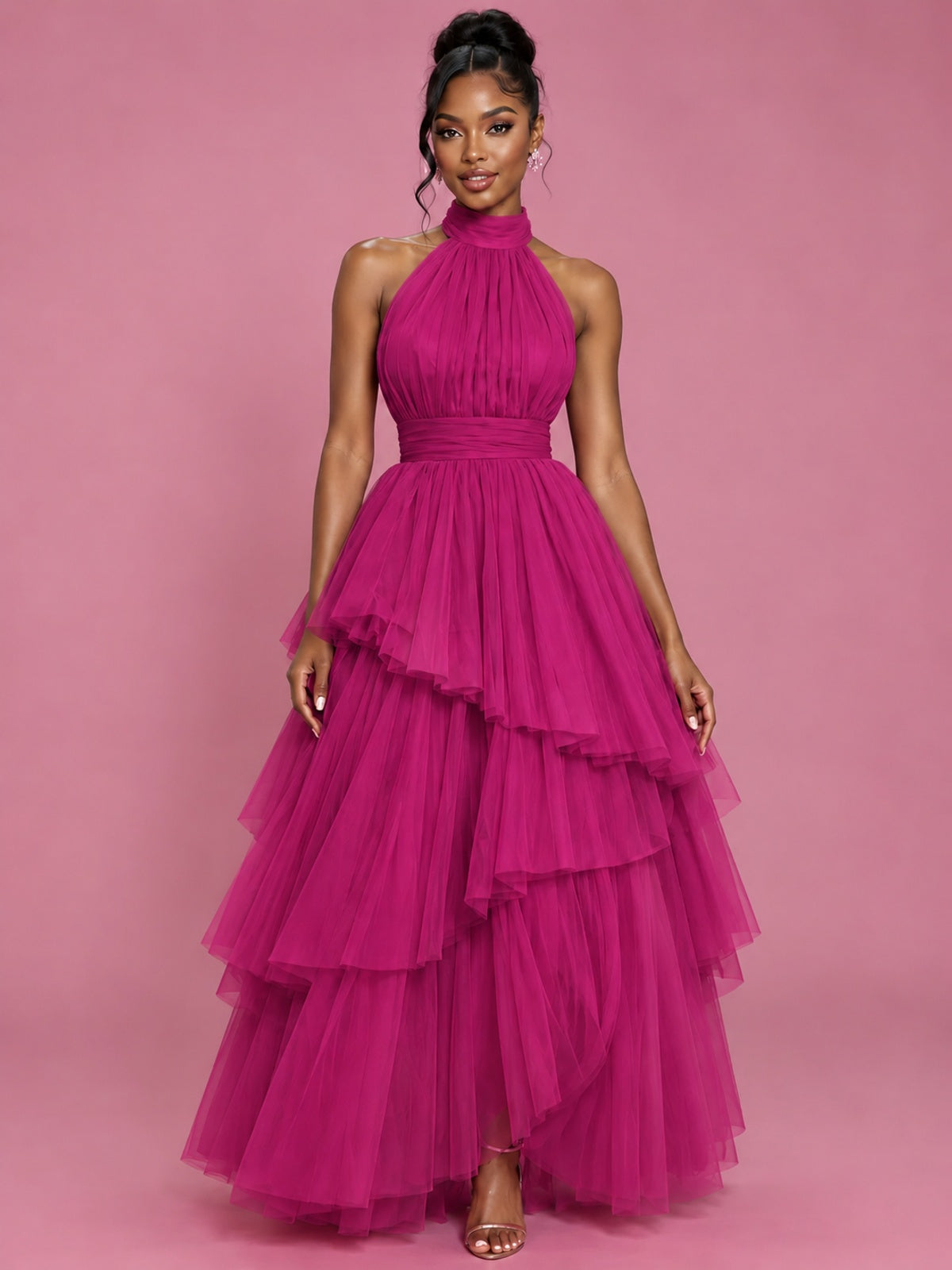 Hot Pink Tulle Halter Neck Tiered Ruffle Maxi Dress