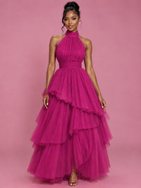 Hot Pink Tulle Halter Neck Tiered Ruffle Maxi Dress
