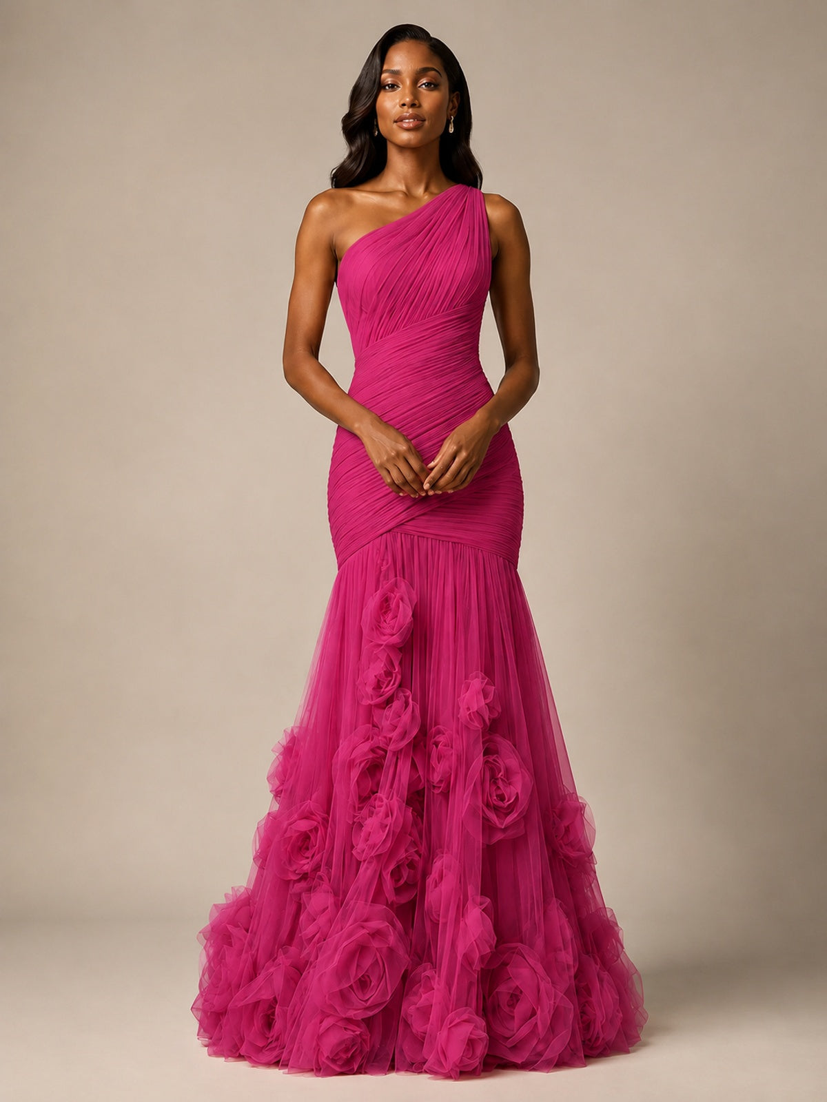 Blush Pink One Shoulder 3D Floral Mermaid Prom Dress