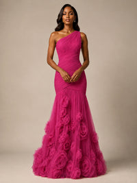 Blush Pink One Shoulder 3D Floral Mermaid Prom Dress