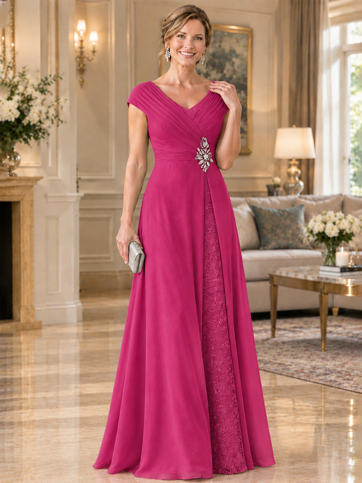 Pleated Chiffon Lace Mother of The Bride Dresses with Beading Cap Sleeves