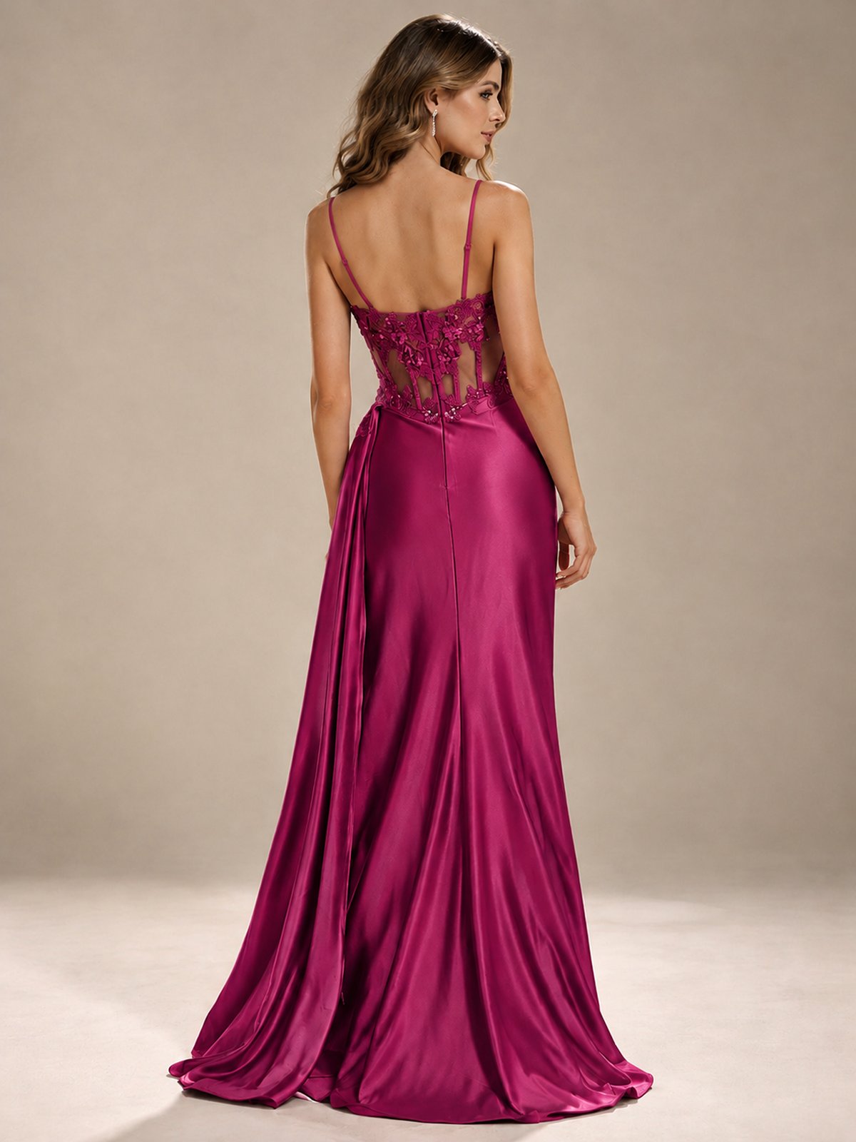 Mermaid Satin Prom Dress with Floral Appliqué Corset and High Slit