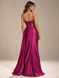 Mermaid Satin Prom Dress with Floral Appliqué Corset and High Slit