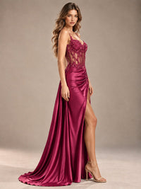 Mermaid Satin Prom Dress with Floral Appliqué Corset and High Slit