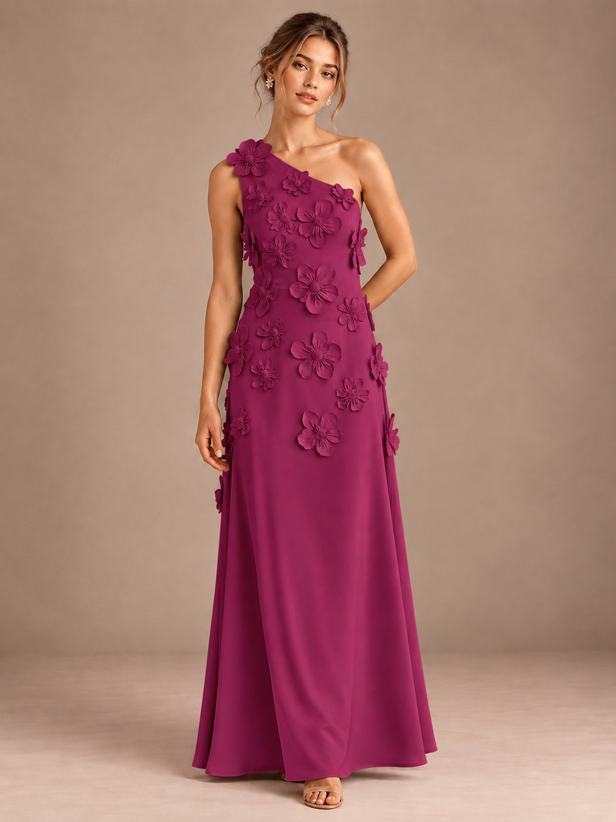 Fuchsia- One Shoulder Satin Formal Maxi Dress with 3D Floral