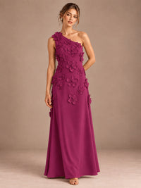 Fuchsia- One Shoulder Satin Formal Maxi Dress with 3D Floral