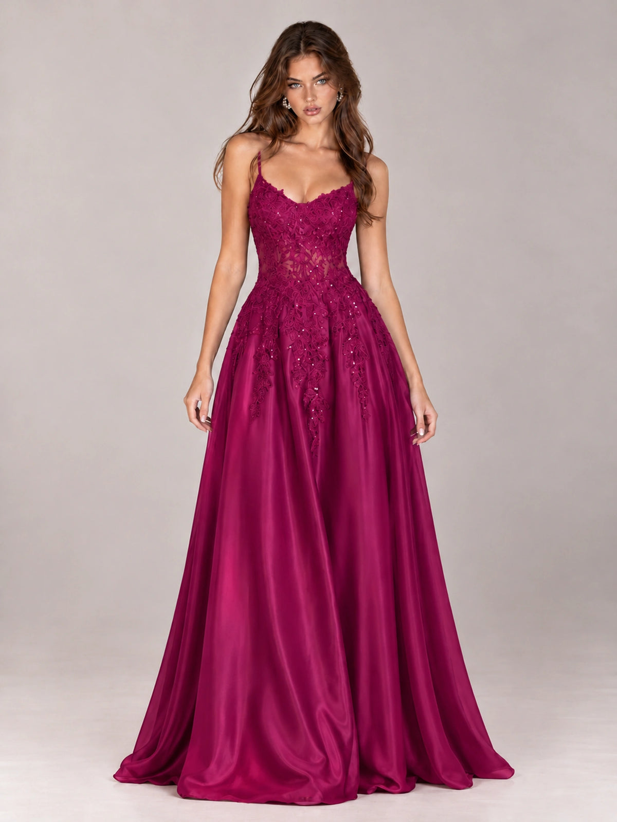 Lace Applique Satin A-Line Prom Dress with Sheer Bodice