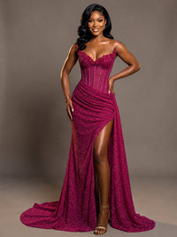 Fuchsia Strapless Sequin Corset Mermaid Prom Dress with High Slit & Train Sparkly Evening Formal Gown