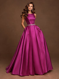 Satin A-Line Prom Dress Sleeveless Beaded Waist Formal Gown with Pockets