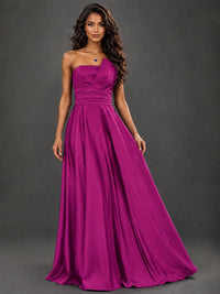 Draped Satin Prom Dress Strapless A-line Formal Dress Floor Length