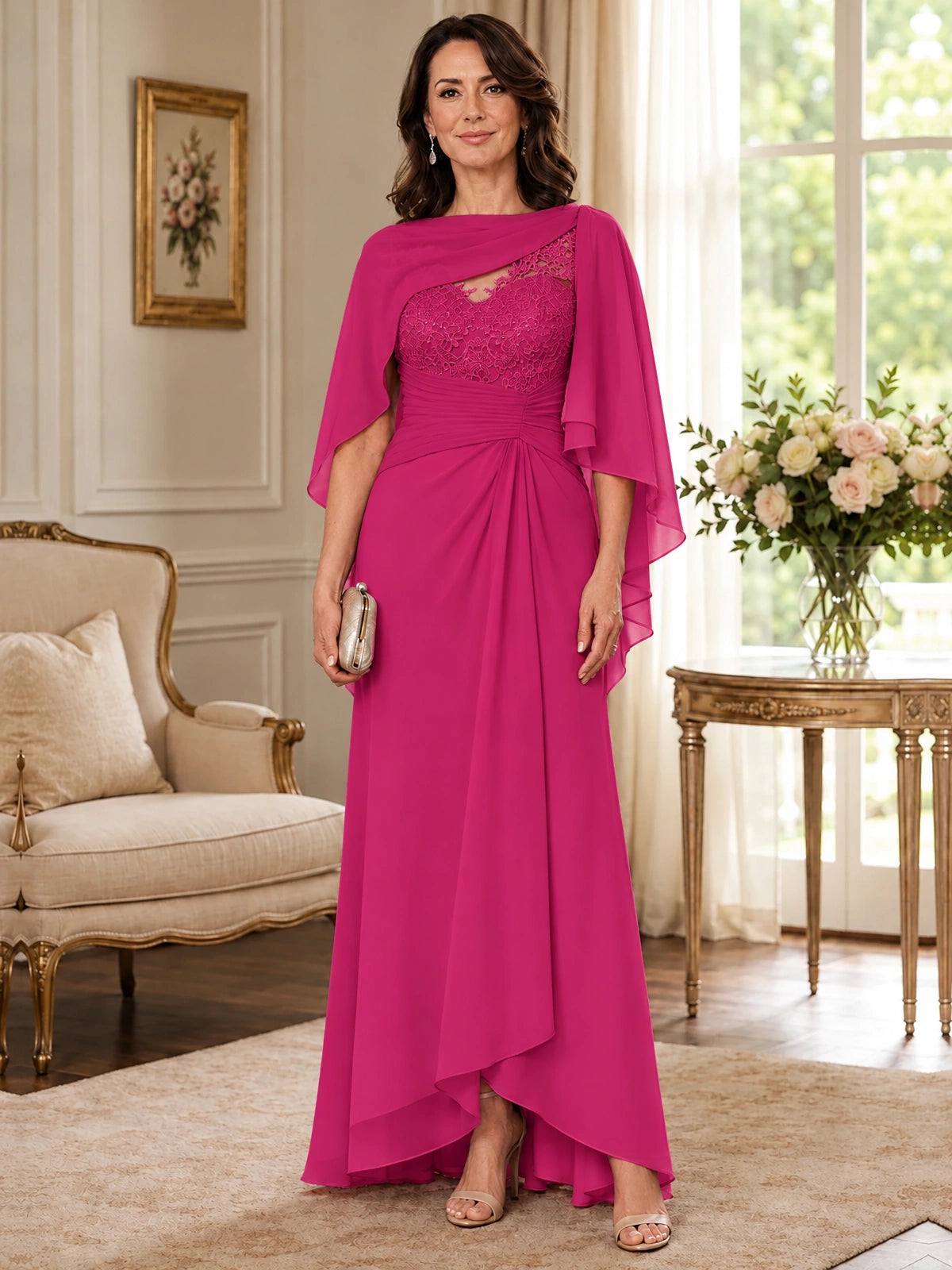 Elegant Chiffon Mother of the Bride Dress with Lace Applique and Cape Sleeves