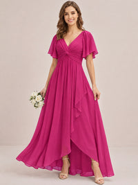 Dusty Blue Chiffon Bridesmaid Dress with Flutter Sleeves & High-Low Hem