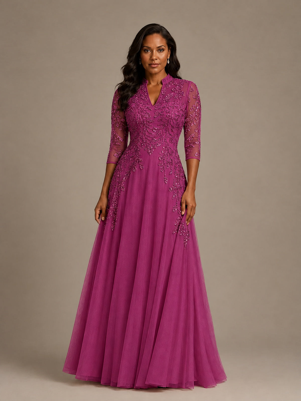 Embellished Appliques Mother of the Bride Dress with 3/4 Sleeves
