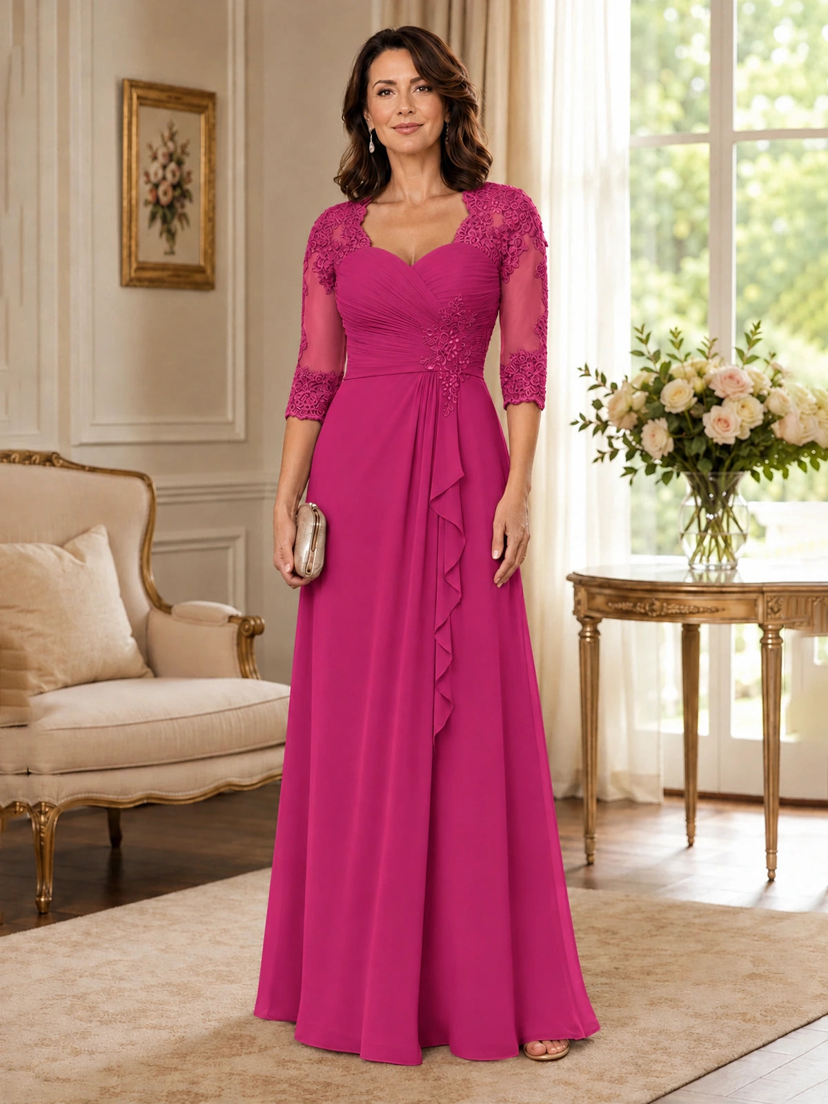 Chiffon Lace Applique Mother of the Bride Dress with 3/4 Sleeves