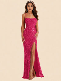Sequin Lace Appliques Mermaid Prom Dress Spaghetti Strap Formal Gowns with Slit