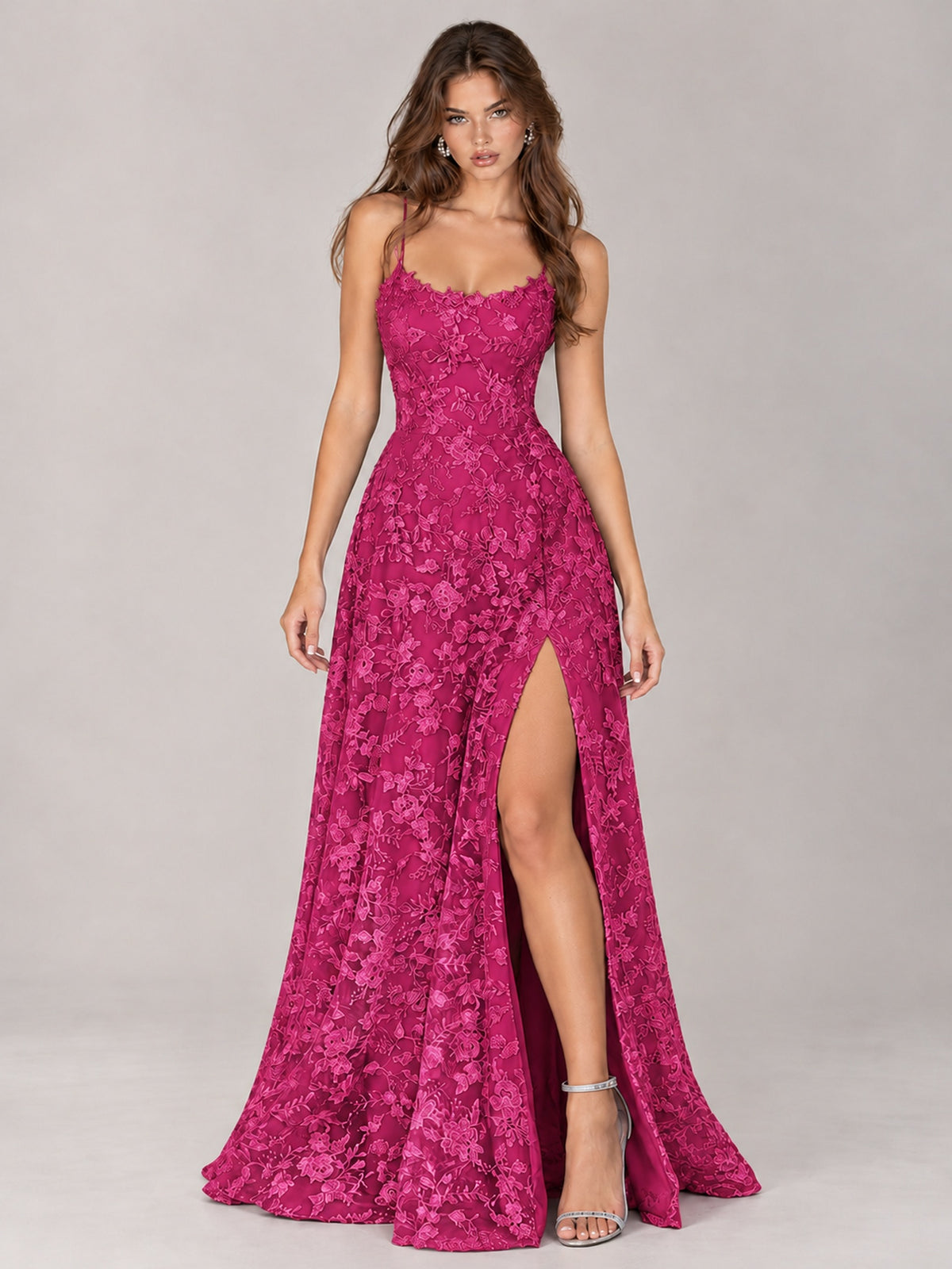 Floral Lace A-Line Prom Dress with Spaghetti Straps & High Slit