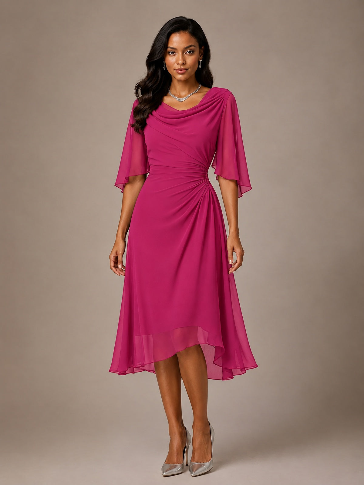Cowl Neck Ruched Chiffon Mother of the Bride Dresses with Flutter Sleeves