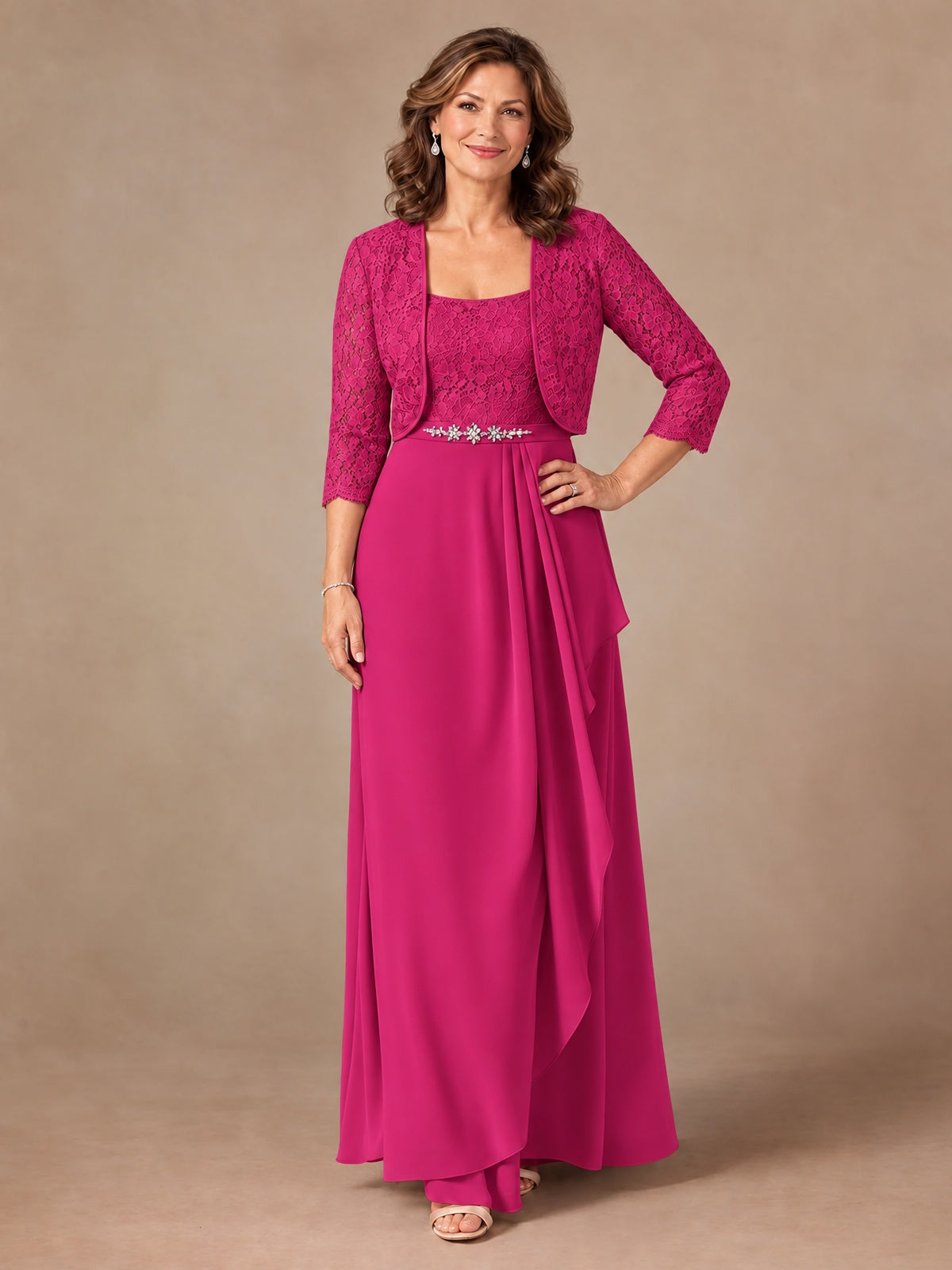 Blush Pink A-Line Mother of the Bride Dress with Lace Jacket and Ruffles