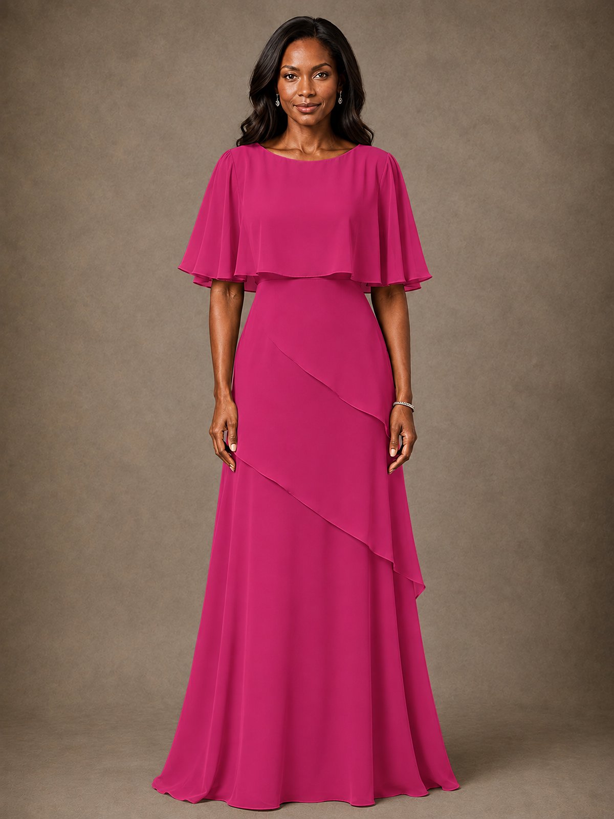 Taupe Chiffon A-Line Mother of the Bride Dress with Cape Sleeves