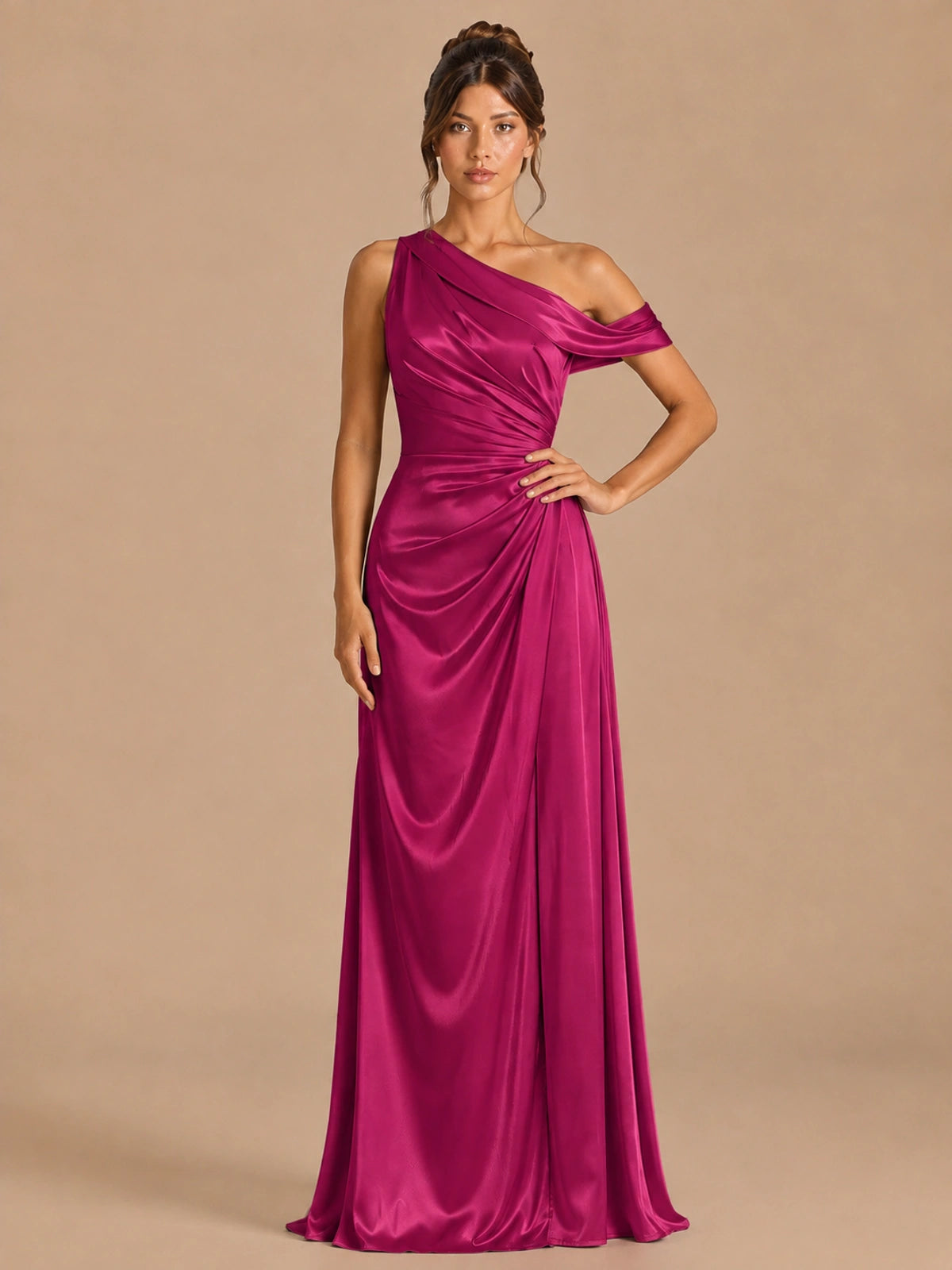 Fuchsia-satin one shoulder prom dress ruched long formal gow Jovelle