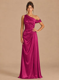 Fuchsia-satin one shoulder prom dress ruched long formal gow Jovelle
