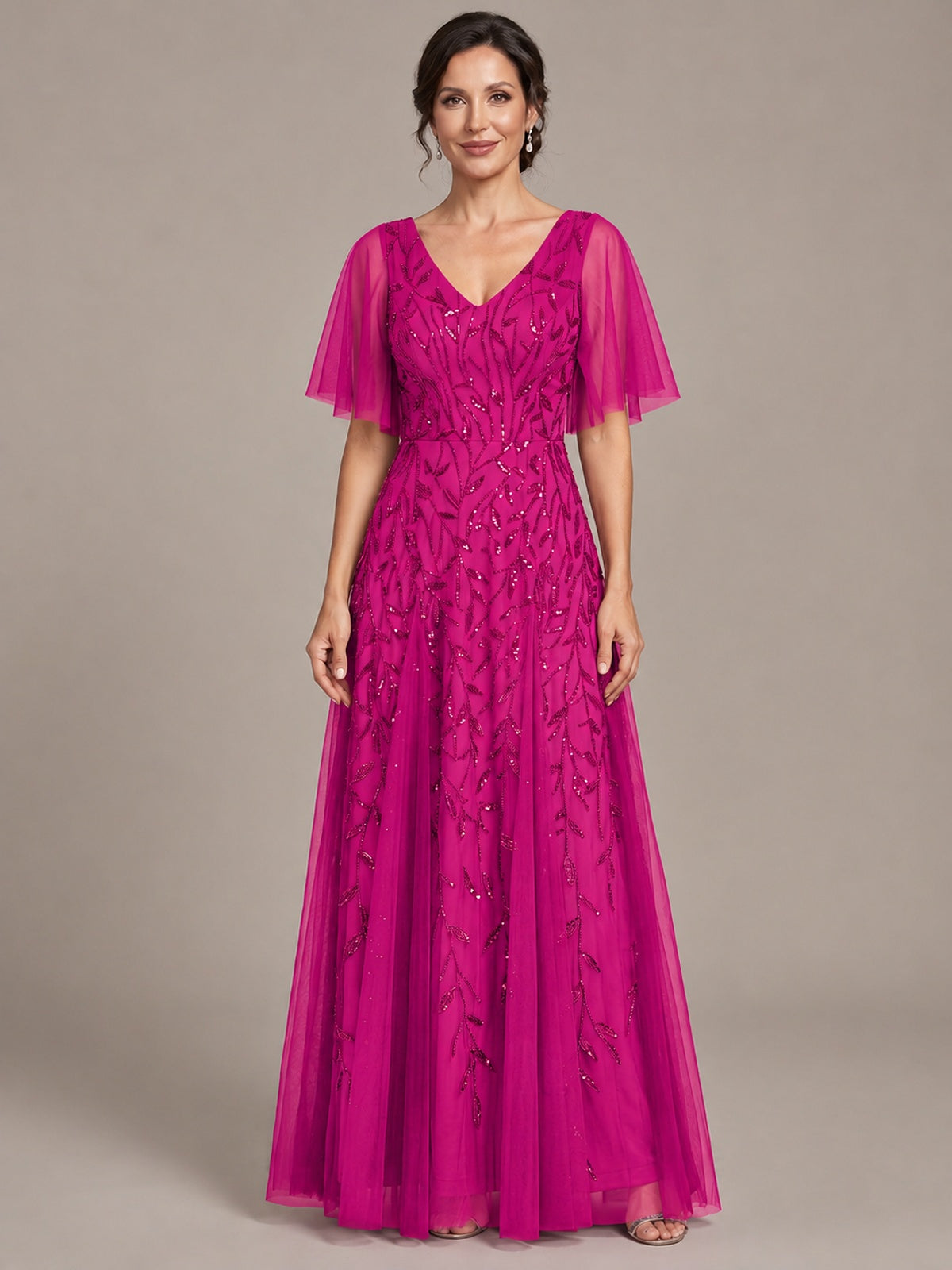 Fuchsia V-Neck Sequin Tulle Mother of the Bride Dress with Flutter Sleeve A-line Evening Formal Wedding Guest Dress