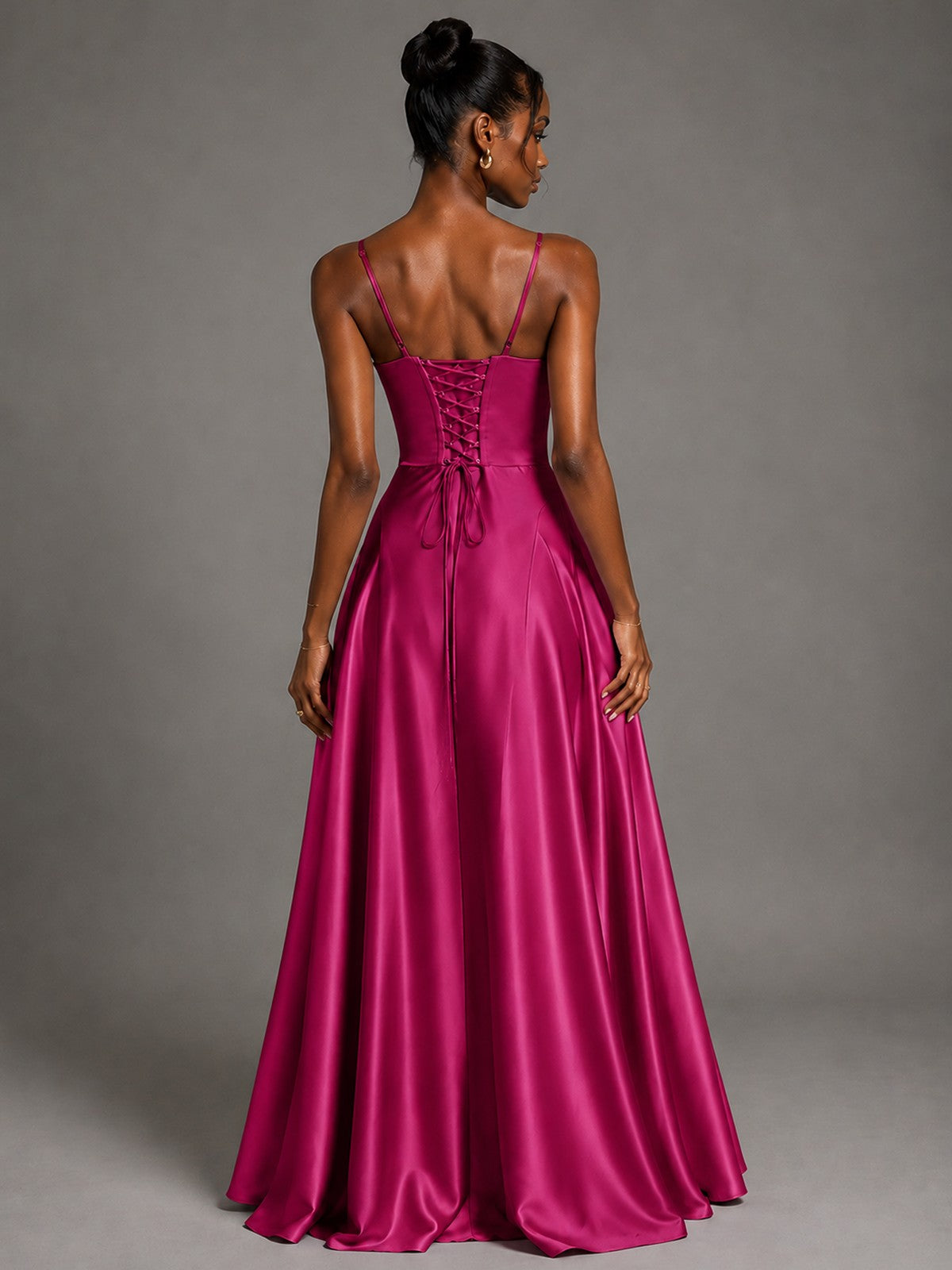 Lavender V Neck Satin Prom Dress with Spaghetti Straps